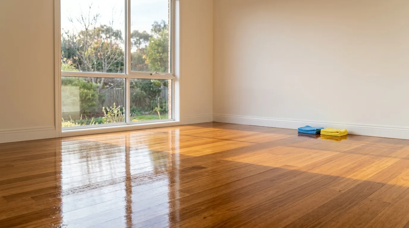 an empty living room mid deep clean, streak-free windows, a freshly mopped hardwood floor reflecting light, no furniture, folded microfiber cloths staged near the baseboard